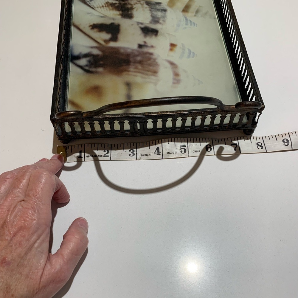 Antique Vanity Plateau Tray Shells Print Rod Iron W/Handles Perfume Jewelry Bath - Picture 8 of 9